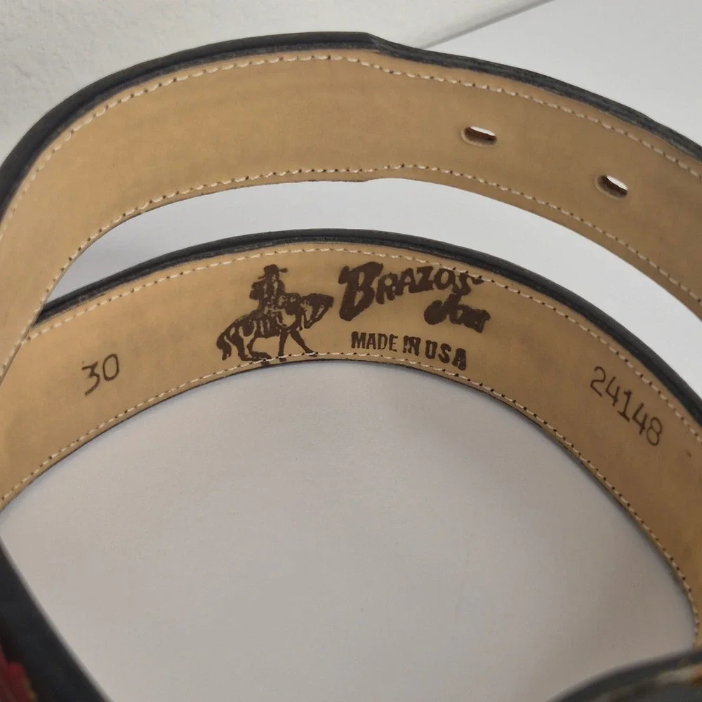 Brazos Joe Western Black Red Woven Leather Concho Belt Made in‎ USA Mens Size 30